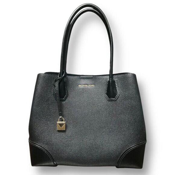 Michael Kors Mercer Gallery Leather Tote Black Gold Hardware Center Zip Pebbled - Picture 1 of 16